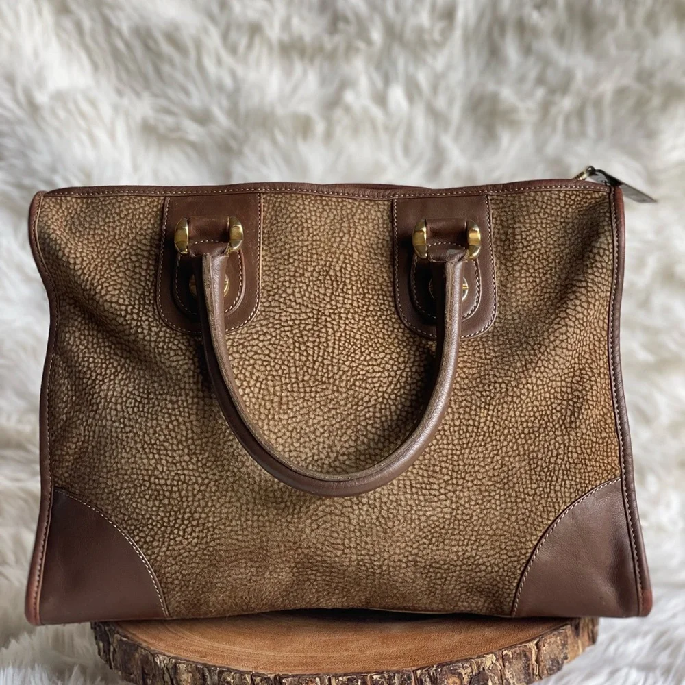 Borbonese Redwall Italy Leather Tote | Partridge Eye Textured | Brass | Vintage - Picture 2 of 13